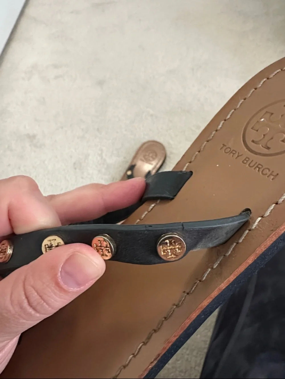 Tory Burch Black Studded Thong Sandals with Tan Footbed - Picture 5 of 5